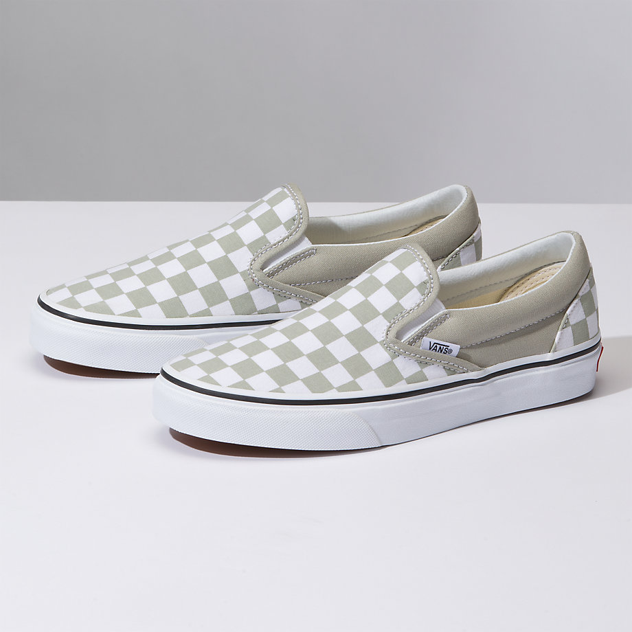 Vans Bayan Kaykay Ayakkabısı Checkerboard Slip-On Zeytin Yeşili Beyaz | 56014-616